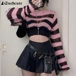 Women's T Shirts SUCHCUTE Contrast Y2K Streetwear Black Pink Sweater Striped Crop Top Women Pulovers Long Sleeve Goth Cute Gyaru Smock