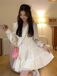 Casual Dresses Sexy Chiffon Mesh Long Sleeve Dress Women White Ruffle Beach Party Elegant V Neck Mini Spring Summer 2024