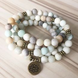 Strands Yoga Lotus Buddha Charm Om 108 Prayer Beads Mala Wrist For Unisex Matte Amazonite Stone Wraps Bracelet