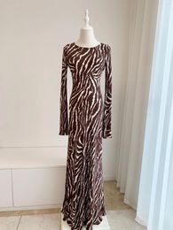Casual Dresses Women Zebra Print Long Flare Sleeve Slim Waist Maxi Silk Dress