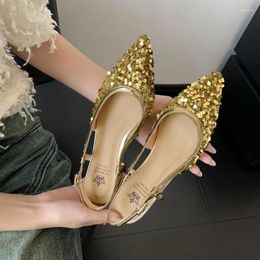 Casual Shoes 2024 Women's Nightclub Pointed Shining Metal Elastic Buckle Leather Cowhide Comfortable Low Heel Large Headed Muller Sandals