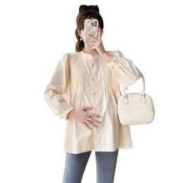 Shirts 2024 Spring Fashion Maternity Shirts Long Sleeve Button Fly Pregnant Woman Pleated Blouses Fashion Pregnancy Top Nursing Clothes