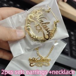 Necklaces DOREMI 2PCS Set Name Earrings and Necklace 3MM Cuban Pendant Stainless Bamboo Hoops Custom Heart Name Letter Personalised Gift