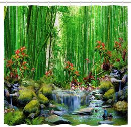 Shower Curtains Bamboo Forest Summer Outdoor Jungle Waterfall Nature Scenery Bath Curtain Art Printing