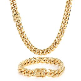 Cuban Link Chain Necklace Bracelet Jewelry Set 18K Real Gold Plated Stainless Steel Miami Necklace with Design Spring Buckle2675