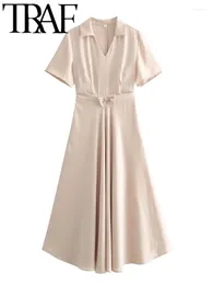 Casual Dresses 2024 Woman Fashion With Bow Short Sleeve Dress Slim V Neck Midi Long Vestidos Mujer Spring Summer