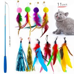 Toys 11Pcs Retractable Cat Feather Toy Set Retractable Cat Wand Toys and Replacement Teaser with Bell Refills Cat Toy for Indoor Cats