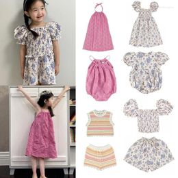 Clothing Sets Kids Girl Dress 2024 Summer Flower Printed Pleated Top Tee And Shorts Set Baby Romper Bodysuit Sisters Clothes