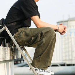 Men's Jeans Japanese Retro Trend Wide-leg Pants Mens Military-style Workwear Straight-leg Loose Army Green Slacks Men