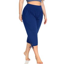 Calças femininas Capris New Summer Womens Plus Size Size Yoga Capris Casual Casual Solid confortável Relaxando calças largas com bolsos Y240422