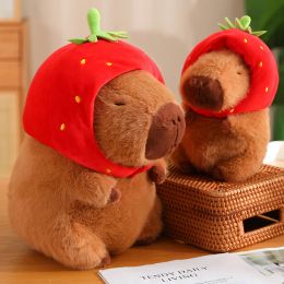 Cushions New Fluffy Capybara Plush Doll Kawaii Capybara With Stwawberry Hat Stuffed Toy Animals Birthday Gift Home Decor