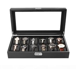 Carbon Fiber HighGrade 12 Slots Display Design Jewelry Display Watch Box Storage Black Watch Holder Case9856267