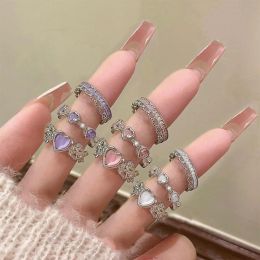Bands New Y2K Pink Crystal Irregular Heart Rings for Women Fashion Zircon Opening Finger Ring Sweet Girls Kpop Party Jewelry Gifts