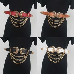Vintage Double Curving Metal Buckles PU Waist Belt for Women Multi-layer Chain Elastic Designer Corset Dress Waistband 240329 band