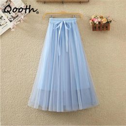 Skirts Qooth Women Elegant Bow Tie Tulle Long Skirt Elastic Waist Mesh A-line For Spring Summer QT2321