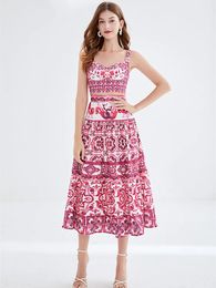 Summer runway red blue and white porcelain printed two-piece women's short halter crop top holiday long dress set 240411