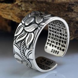 Cluster Rings Real 999 Pure Sterling Silver Jewellery Lotus Flower Open Ring For Men Male Fashion Free Size Buddhistic Heart Sutra