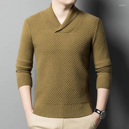 Men's Sweaters Elegant British V-neck Sweater Thick Warm Stretch Top Business Casual Lapels Long Sleeve Bottoming Shirt