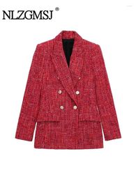 Women's Suits Nlzgmsj 2024 Women Textured Straight Blazer Jacket Coats Double Breasted Vintage Long Sleeve Casual Autumn Commute Tops