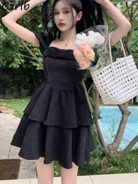 Casual Dresses Black Mini Women Sweet Ball Gown Simple Girlish Ruffles Design Streetwear Summer Puff Sleeve Fashion Korean Style