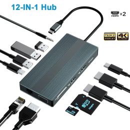 Hubs USB C Hub Docking Station Dual Monitor Type C to Dual HDMI+VGA Adapter with 1000M RJ45 SD/TF Audio 100W PD for MacBook Surface