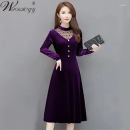 Casual Dresses Spring Velvet Dress Women Long Sleeve Vintage Oversized Mom Lace Patchwork Midi 2024 Korean Fashion Bodycon