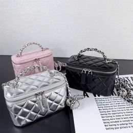 Tote bag high definition Xiaoxiang 23k box genuine leather black silver diamond grid chain handle handheld phone womens one crossbody makeup