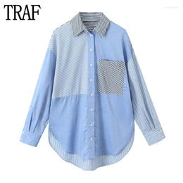 Women's Blouses 2024 Striped Long Shirt Woman Blue Button Up Shirts For Women Sleeve Oversized Asymmetric Collared