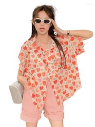 Women's Blouses Female Loose Chic Cotton Linen Red Shirt Summer Women Love Print Short Sleeved Patch Pocket Side Slit Blouses&shirts Tops