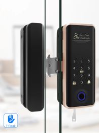 Control Aluminium Frame Glass Door Smart Lock Keyless Digital Fingerprint Electronic RFID Card Push Pull Sliding TTlock App Management