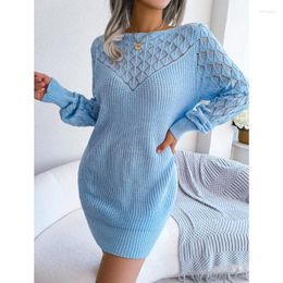 Casual Dresses Autumn /Winter Fashion Hollow One Line Neck Long Sleeve Pullover Sweater Elegant White O-neck Vestidos Knitwear 2024