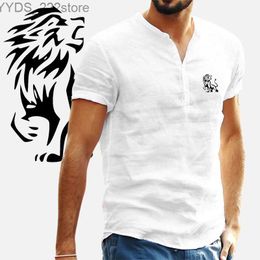 Men's Casual Shirts Mens casual shirt lion print short sleeved cotton linen top summer light clothing mens clothing T-shirt high-quality yq240422