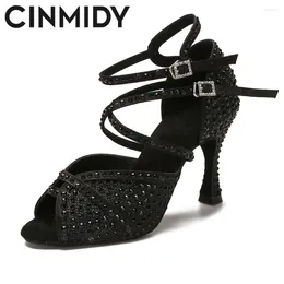 Dance Shoes CINMIDY Women Party Silk Satin Shining Rhinestones Soft Bottom Latin Woman Girls Salsa