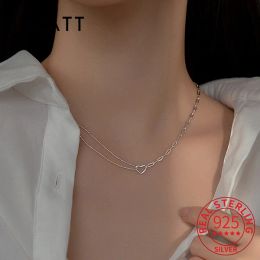 Necklaces INZATT Real 925 Sterling Silver Hollow Heart Asymmetrical Chain Choker Necklace For Women Vintage Fine Jewellery Accessories