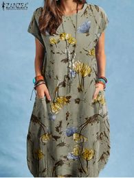 ZANZEA Women Summer Dress Bohemian Floral Print Vestido ONeck Short Sleeve Pockets Sundress Fashion Casual Elegant Holiday Robe 240418