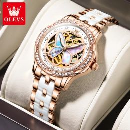 Watches OLEVS Elegant Ladies Watches Ceramic Blue strap Original Wristwatch Skeleton Automatic Diamond Mechanical Watch for Women Set