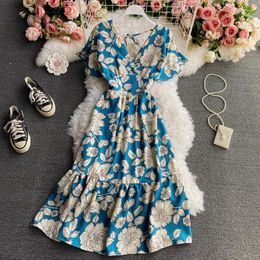 Party Dresses Frenchic Vintage Dress For Women V-Neck Ruffles Lace-up Female Maxi Short Sleeve Printing A-Line Vestidos Drop