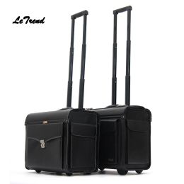 Suitcases Letrend Pilot Rolling Luggage Casters 16 Inch Business Carry On Trolley Women Wheels Suitcases Captain PU Travel Bag Men Trunk
