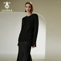 Women's Sweaters LILYSILK Merino Wool Sweater For Women 2024 Winter Ribbed Slit Cuff Crewneck Luxury Top Elegant Clothing