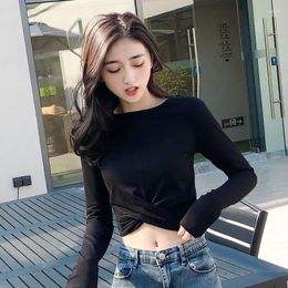 Women's T Shirts Black Fruit-green Navel Exposed Tight Top For Short Style With A Slim Fit And Sexy High Waisted Bottom Long Sleeved