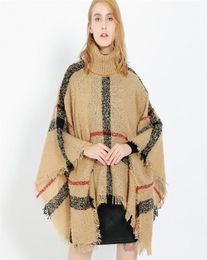 Women Plaid Cloak Autumn Winter Shawl High Collar Sweater Scarf Batwing Tassels Poncho For Girl knitted cape outwear LJJA29781118502