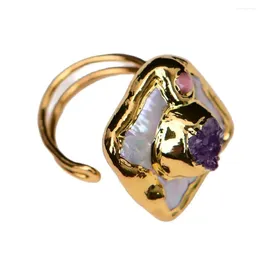 Cluster Rings G-G Fashion Uruguay Amethyst Druzy Freshwater Cultured White Square Pearl Ring