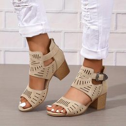Dress Shoes Women's Chunky Heeled Sandals Peep Toe Perforated Ankle Strap Mid Heels Back Zipper Design