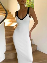 Casual Dresses Tossy Knit Suspender Split Long Dress Women Sleeveless Block Color Beach Vacation Sexy V-Neck Elegant Knitwear Bodycon