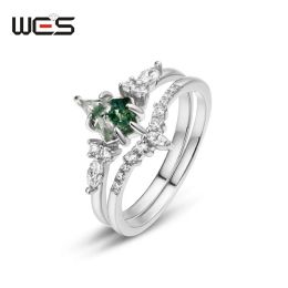 Rings WES 925 Sterling Silver Natural 6*9mm Moss Agate Ring Sets For Woman Gold Plated Wedding Valentine Gifts Certified Jewelry Band