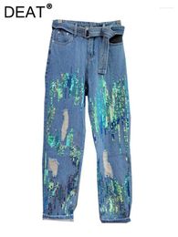 Women's Jeans Women Colored Sequins Tassel High Waist Belt Blue Straight Denim Full Length Pants 2024 Autumn Fashion 29L1219