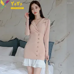 Casual Dresses Fashion Office Dress Apricot Stitched Ruffle Long Sleeve Elegant Slim Bodycon Suit Fishtail Fall/Autumn 2024 Korean Women