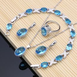 Strands 925 Sterling Silver Jewellery Blue Birthstones Jewellery Sets for Women Wedding Earring/Pendant/Necklace/Rings/Bracelet