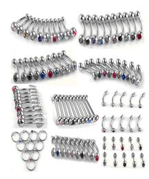 100pcs Set Punk Stainless Steel Crystal Tongue Belly Lip Eyebrow Nose Barbell Rings Body Piercing Jewellery 10 Styles Accessories7581689