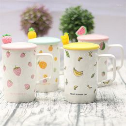 Mugs Ceramic Hand Painted Strawberry Banana Coffee Mug With Spoon And Lid Set Porcelain Milk Juice Cup Office Teacup Drinkware